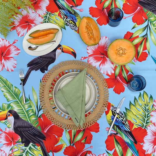 Mantel “aves tropicales con marco verde”